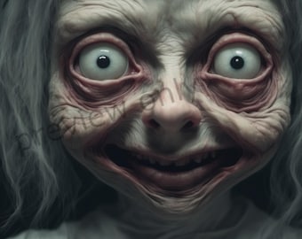 Creepy Horror Wall Art Uncanny Smiling grandma Haunting Portrait Dark Surreal Psychological Horror Decor Printable Digital Download