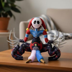 May include: A plush toy clown figure with a white face, red hair, and a blue and red outfit. The toy has large, claw-like hands and is posed on a wooden surface.