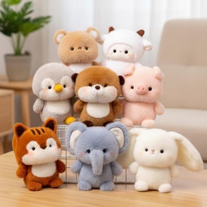 May include: A collection of plush animal toys, including a bear, sheep, penguin, otter, pig, fox, elephant, and rabbit. Each toy has a soft, fluffy texture and adorable features, with varying colors like brown, gray, pink, orange, and blue.
