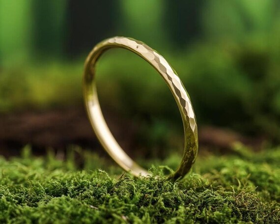 2mm Hammered D-Shape Solid Gold Wedding Band | Polished | Solid 9k 14k 18k Yellow Rose White | Handmade in London
