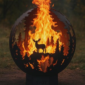 May include: A spherical fire pit with a forest silhouette design. The metal sphere features a cutout of a deer and trees, with flames visible inside. The base of the fire pit has the text "THE SPOT".