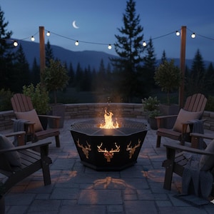May include: A lit black, octagonal fire pit with deer head cutouts is the focal point of this outdoor scene. Wooden chairs surround the fire pit, illuminated by string lights. The night sky features a crescent moon and a backdrop of trees.
