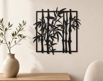 Decoración de pared de bambú, silueta botánica zen en marco cuadrado, decoración moderna con plantas, letrero de pared hecho a mano en EE. UU.
