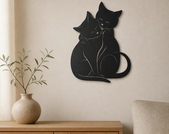 Cuadro decorativo de gatos enamorados, silueta de dos gatos acurrucados, regalo para parejas amantes de los gatos, decoración de pared hecha a mano en EE. UU.
