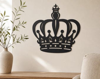 Arte mural de corona, silueta de corona real en arte lineal moderno, decoración para dormitorio Queen, letrero de pared glamuroso, regalo, decoración de pared hecha a mano en EE. UU.