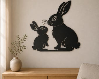 Decoración de pared con conejos, letrero con silueta de pareja de conejitos, decoración de animales para guardería, regalo de Pascua y primavera, decoración de pared hecha a mano en EE. UU.