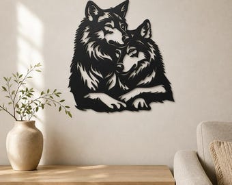 Decoración de pared con pareja de lobos, letrero con silueta de lobos descansando, decoración rústica de vida silvestre, regalo para amantes de los lobos, letrero de pared hecho a mano en EE. UU.