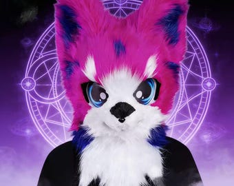 Handgefertigte Fursuit Fuchs Maske, Pink & Blau Pelz Tier Kopfbedeckung, Cosplay Fursona Maske für Halloween, Furry Convention