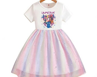 HUNTRX Girls Tulle Dress, Cartoon Character Kids Party Dress, Pastel Starry Tutu Dress for Little Girls