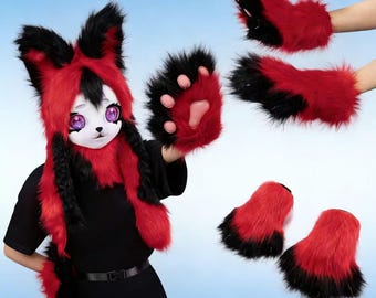 Handgefertigte Fursuit Pfoten Handschuhe, Rot & Schwarz Pelzige Tierkrallen Handschuhe, Cosplay Fursona Handwear für Halloween, Kostümparty