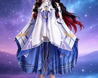 Genshin Auswirkungen Columbina Cosplay Kostüm, Damselette Full Set Outfit mit Perücke, Schuhe & Accessoires, Anime Spiel Cosplay Anzug für Halloween