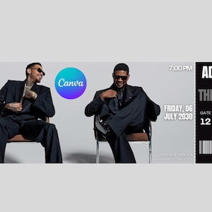 May include: An editable concert ticket design featuring two men in suits, with the Canva logo. The ticket reads "ADMIT ONE" for "THE R&B TOUR" on Friday, July 06, 2030, with a gate, row, and seat number.