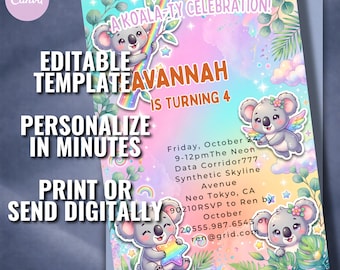 Koala Birthday Invitation Template | Pastel Rainbow Kids Party Invite (Digital Download)