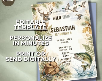 Può includere: Un modello di invito di compleanno con un cervo, anatre in volo e un pesce che salta. Il testo recita: JOIN US FOR A WILD TIME, SEBASTIAN IS TURNING 9, SEBASTIAN'S HOUSE, SUNSET ST, AUSTIN, TX 78704, RSVP MOMMY AT +123-456-7890. Include attrezzatura da pesca.