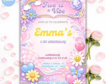 Groovy Daisy Birthday Invitation, Retro Pastel Disco Canva Template (5x7)