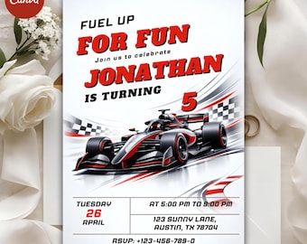 Invitación de cumpleaños con temática de coches de carreras, invitación editable para fiesta temática de carreras en Canva (descarga digital)