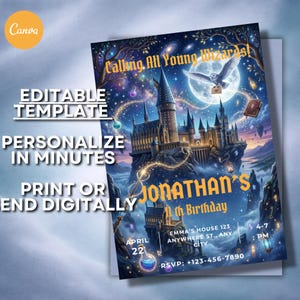 May include: A rectangular invitation template featuring a dark blue night sky with a large moon, a castle on a cliff, and a flying owl. Text includes Calling All Young Wizards, Jonathan's 11th Birthday, April 22, Emma's House 123, and RSVP +123-456-7890.