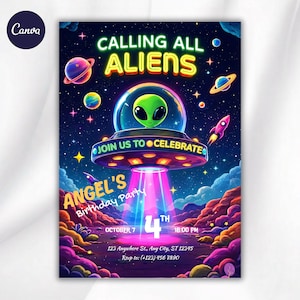 Alien Geburtstagseinladung 13x18 | Weltraum UFO Kinder Party einladen | Bearbeitbare digitale Geburtstagskarte