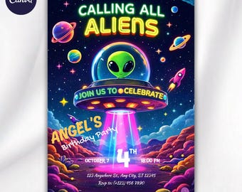 Invito di compleanno alieno 5x7 / Invito per festa per bambini UFO nello spazio / Biglietto di compleanno digitale modificabile