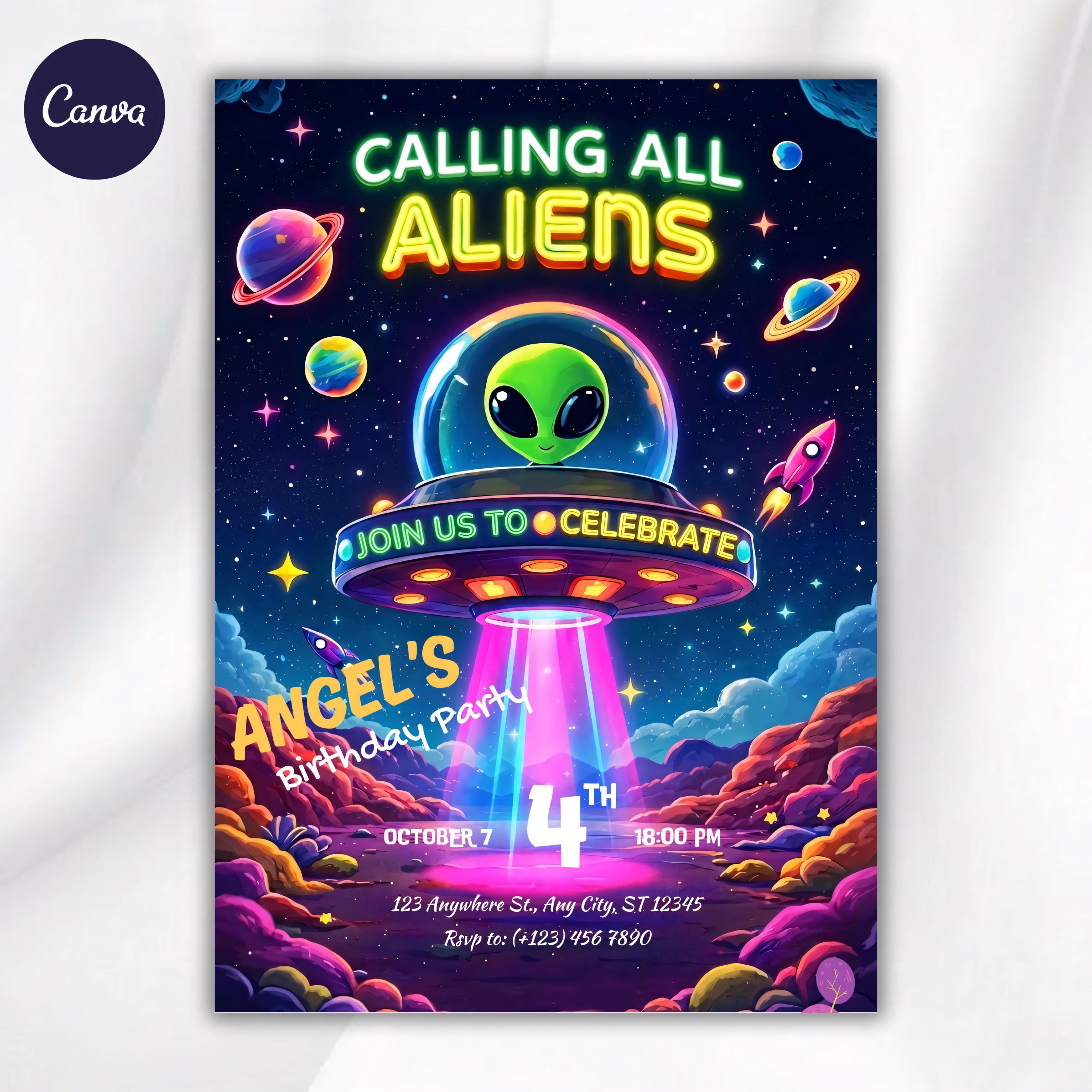 Alien Birthday Invitation 5x7 | Space UFO Kids Party Invite | Editable ...