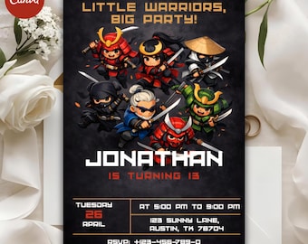 Plantilla de invitación de cumpleaños de samurái, invitación para fiesta de guerrero ninja (descarga digital)