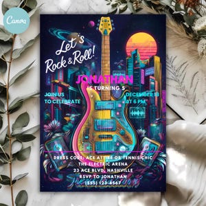 May include: A vibrant invitation with a retro-futuristic design. It features a neon-colored guitar, city skyline, and the text "Let's Rock & Roll!" The invitation is for Jonathan's 5th birthday, with details including the date, time, dress code, and RSVP information.