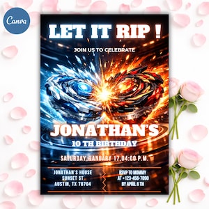 Redigerbar Beyblade-födelsedagsinbjudan, 5x7 pojkfestinbjudan, Canva-mall (digital nedladdning) bild 1