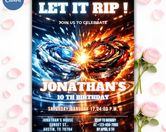 Editable Beyblade Birthday Invitation, 5x7 Boy Party Invite, Canva Template (Digital Download)