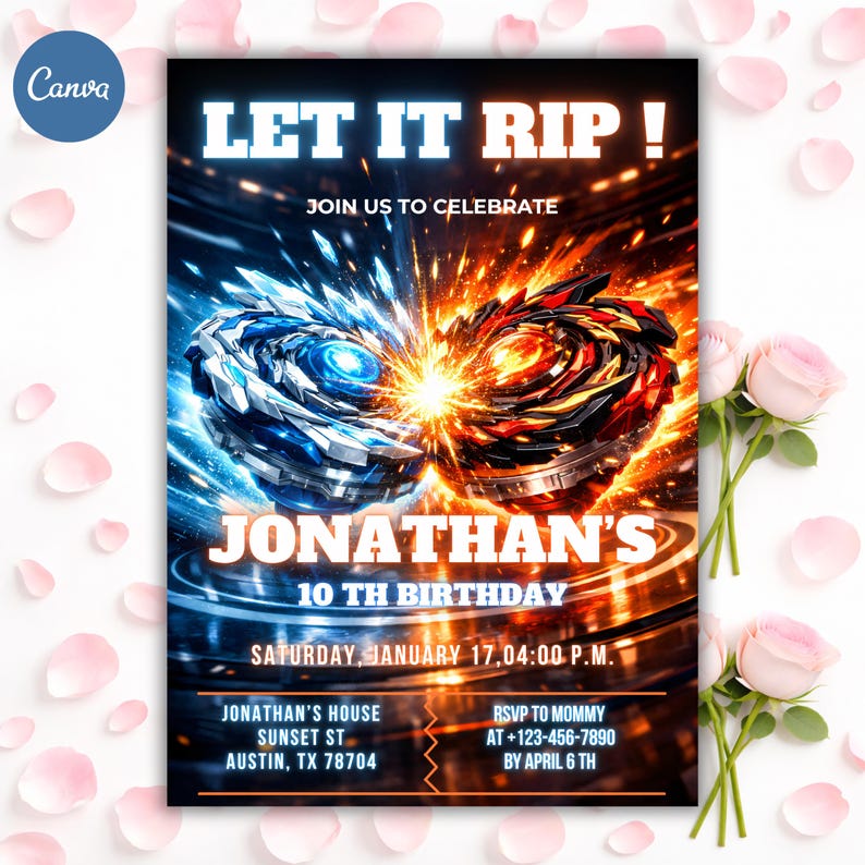Redigerbar Beyblade-födelsedagsinbjudan, 5x7 pojkfestinbjudan, Canva-mall (digital nedladdning) bild 1