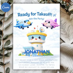 May include: A party invitation with a cartoon theme. The design features a blue and a pink airplane, a control tower, and the text "Ready for Takeoff!" and "Join the Party!". The invitation is for Jonathan's 7th birthday.