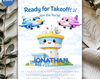 Invitación de cumpleaños editable con temática de avión, fiesta de pilotos y torre de control de aeropuerto (descarga digital)