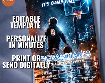 Basketball Birthday Invitation Template, Editable Canva Invite, Boys Sports Party (Digital Download)