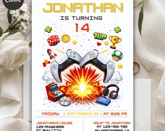 Invitación de cumpleaños número 14 para gamers, invitación para fiesta de videojuegos, plantilla editable de Canva (5x7)