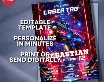 Editable Laser Tag Birthday Invitation, Neon Glow Party Invite (5x7 Template)