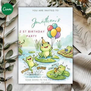 May include: A whimsical birthday party invitation featuring a pond scene with cartoon frogs. The invitation reads "Jonathan's 2nd Birthday Party" with colorful balloons and the date. The frogs are depicted playing instruments and splashing in the water.