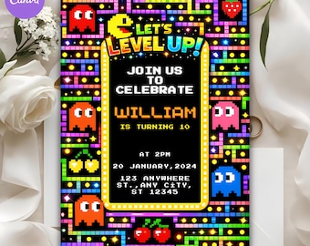 Invitación de cumpleaños editable con temática de laberinto arcade, fiesta de juegos retro pixelados (plantilla Canva de 5x7)