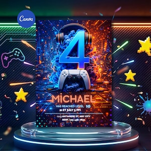 Invito per il 4° compleanno a tema videogioco, ragazzo giocatore, modello Canva modificabile (PDF/JPG/PNG 5x7") immagine 1