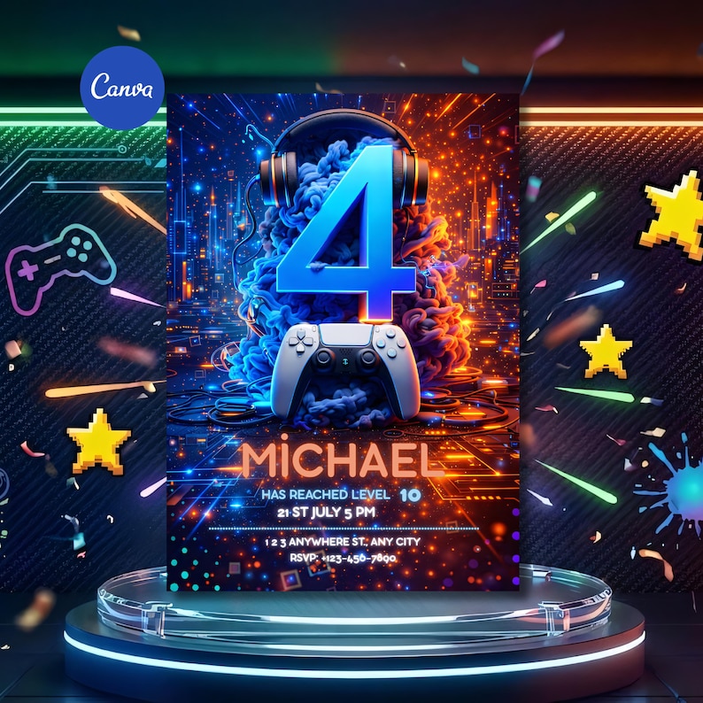 Invito per il 4° compleanno a tema videogioco, ragazzo giocatore, modello Canva modificabile (PDF/JPG/PNG 5x7") immagine 1