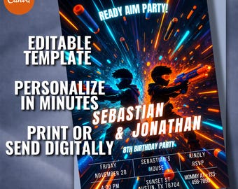 Dart Gun Double Birthday Invitation, Neon Blue Orange Nerf Style Invite, Twin Brothers 5x7 Editable Canva Template, Action Party Invite DIY