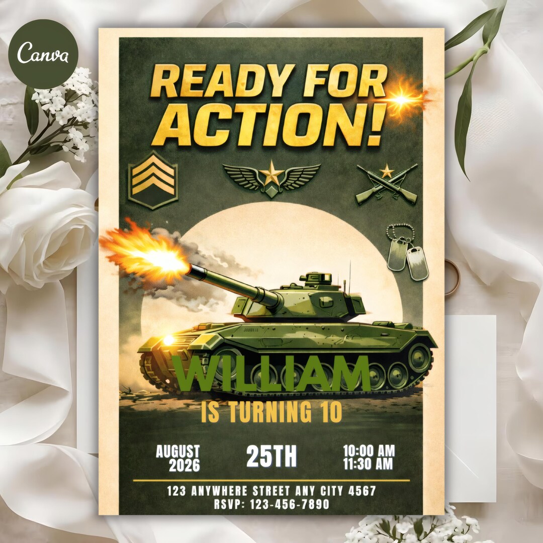 Army Tank Birthday Invitation, Editable Military Action Party Template ...