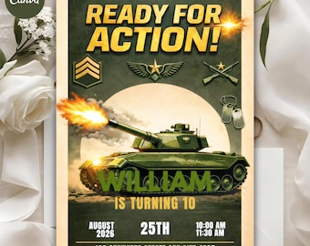 Invitación de cumpleaños con diseño de tanque militar, plantilla editable para fiesta de acción militar (descarga digital)