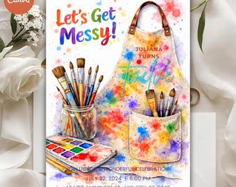 Invitación para fiesta de arte en acuarela, plantilla de cumpleaños para niños con temática de pintura (descarga digital)