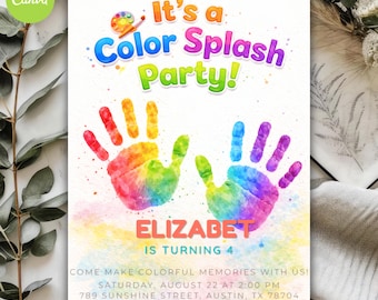 Invitación de cumpleaños con salpicaduras de color, plantilla para fiesta con huellas de manos arcoíris (invitación digital)