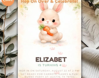 Invitación de cumpleaños con diseño de conejito, plantilla editable de Canva de 5x7 pulgadas (descarga digital)