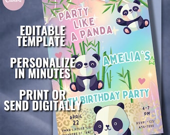 Panda Birthday Invitation, Girl 3rd Birthday, Editable Canva Template (Digital Download)