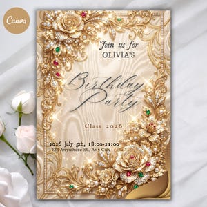 Golden Royale-verjaardagsuitnodiging – luxe gouden bloemen afdrukbaar (5 x 7)