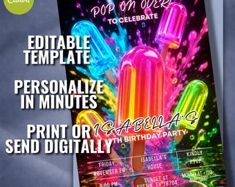 Neon Popsicle Birthday Invitation, Summer Ice Cream Party, Glow Party Template (Canva)