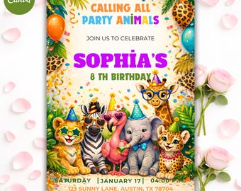 Bearbeitbare Safari-Geburtstags-Einladung, Kinder-Dschungeltiere-Party-Vorlage (5x7)