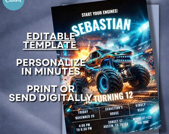 Editable Monster Truck Birthday Invitation Template, Shark Truck Party Invite (Canva)