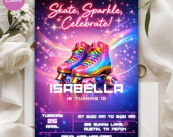Invitación de cumpleaños con diseño de patines arcoíris, fiesta brillante para celebrar (plantilla digital)